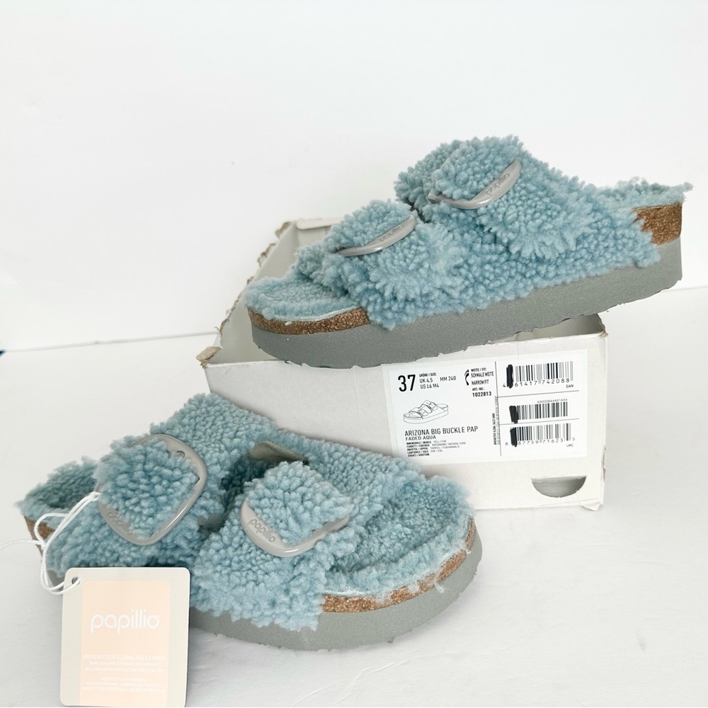 NWT Birkenstock Papillio Arizona Big Buckle Shearling fuzzy sandal blue 37/6